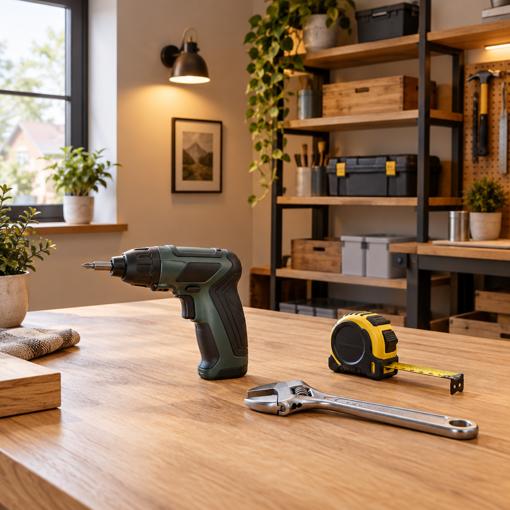 Home improvement work area with hand tools and warm lighting
