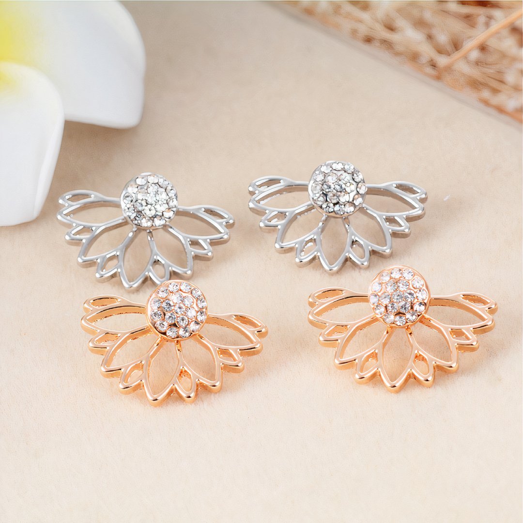 Gold-Finish Rhinestone Stud Earrings with Removable Flower Jackets