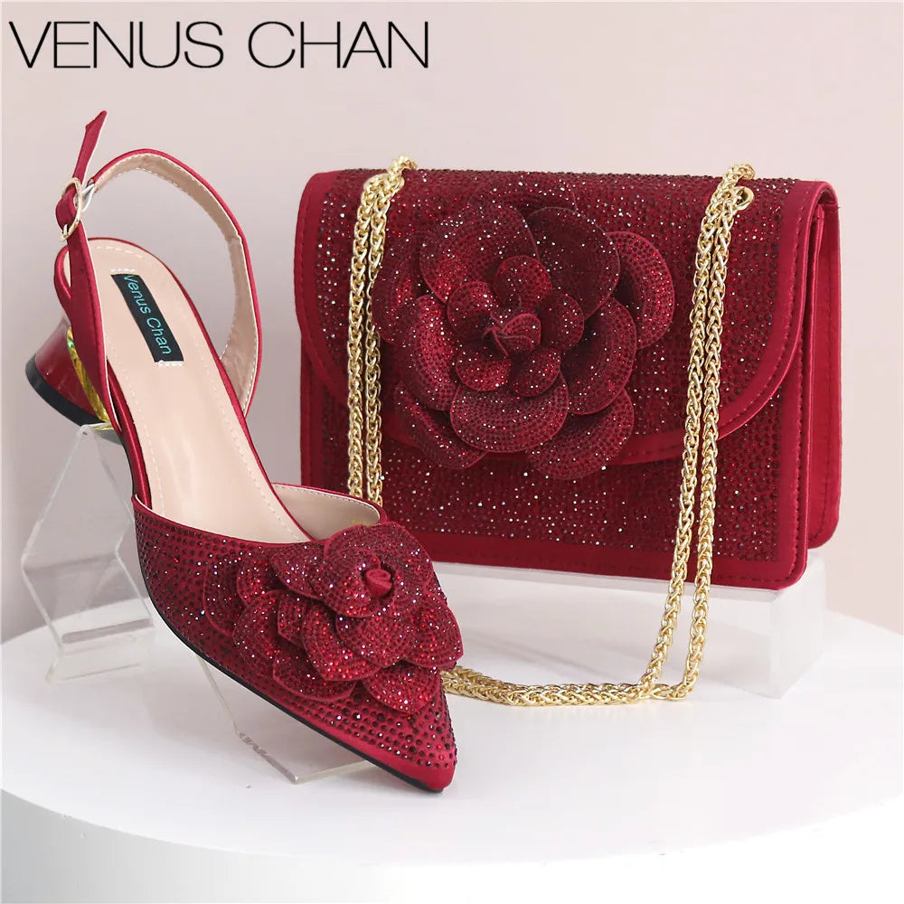 Elegant Peach Shoe and Bag Set – Stunning Rhinestone Slingbacks with Pearls Knot