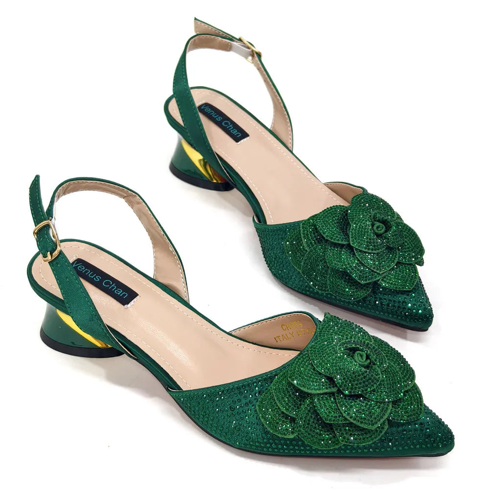 Elegant Peach Shoe and Bag Set – Stunning Rhinestone Slingbacks with Pearls Knot