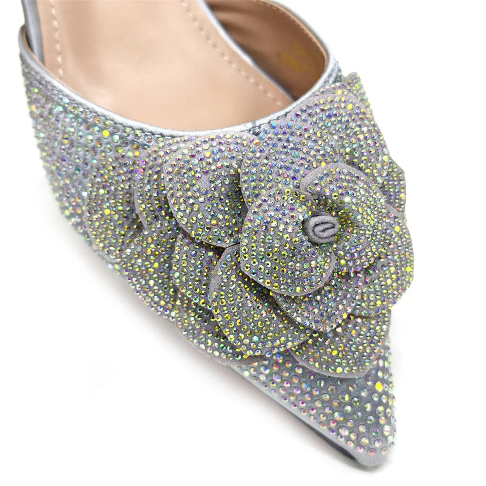 Elegant Peach Shoe and Bag Set – Stunning Rhinestone Slingbacks with Pearls Knot