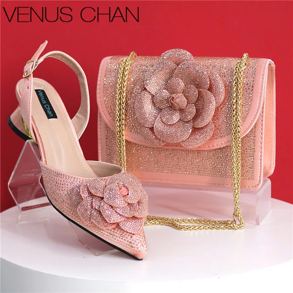 Elegant Peach Shoe and Bag Set – Stunning Rhinestone Slingbacks with Pearls Knot