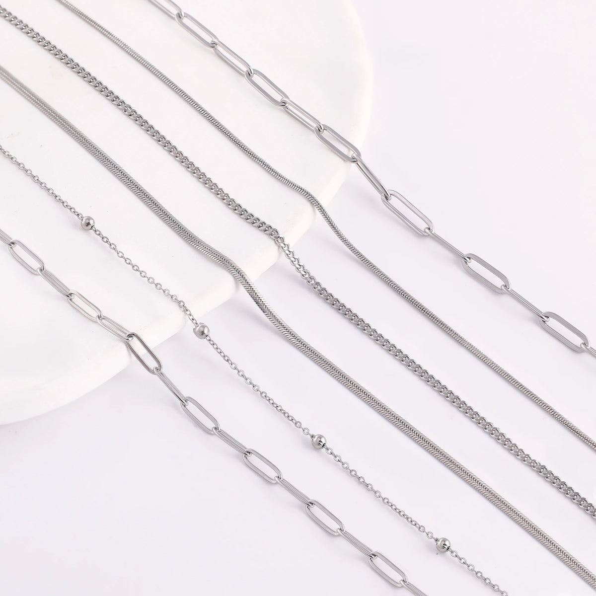 5‑Piece Stainless Steel Chain Necklace Set – Bead, Rope, Cuban, Paperclip & Snake Link Chains for Women, 18K Gold & Steel DIY Jewelry