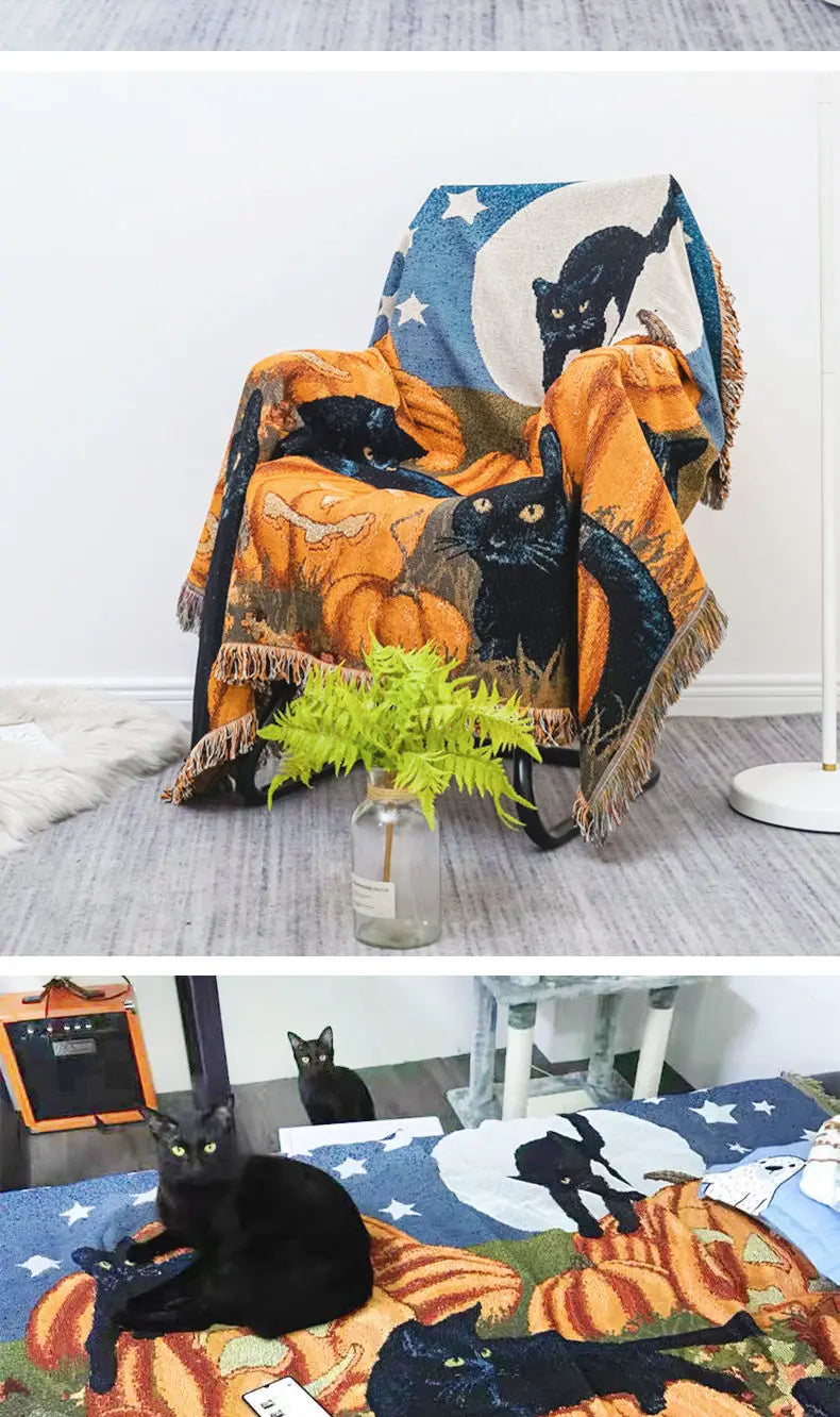 Bring Home the Comfort of the Halloween Pumpkin Cat Throw Blanket