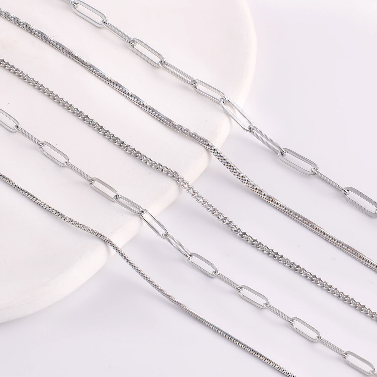 5‑Piece Stainless Steel Chain Necklace Set – Bead, Rope, Cuban, Paperclip & Snake Link Chains for Women, 18K Gold & Steel DIY Jewelry