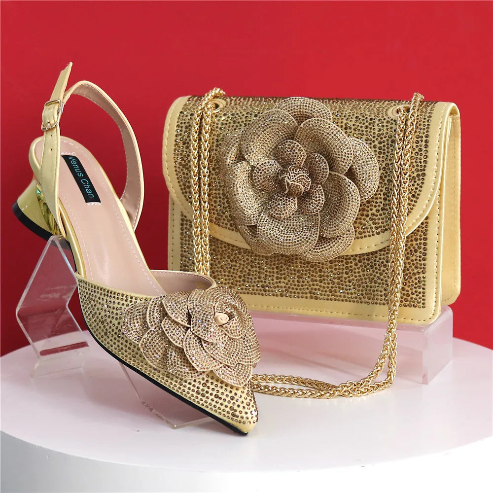 Elegant Peach Shoe and Bag Set – Stunning Rhinestone Slingbacks with Pearls Knot