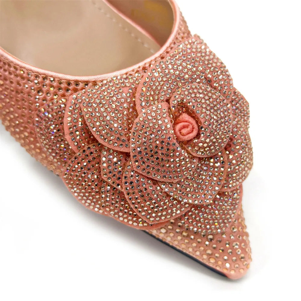 Elegant Peach Shoe and Bag Set – Stunning Rhinestone Slingbacks with Pearls Knot