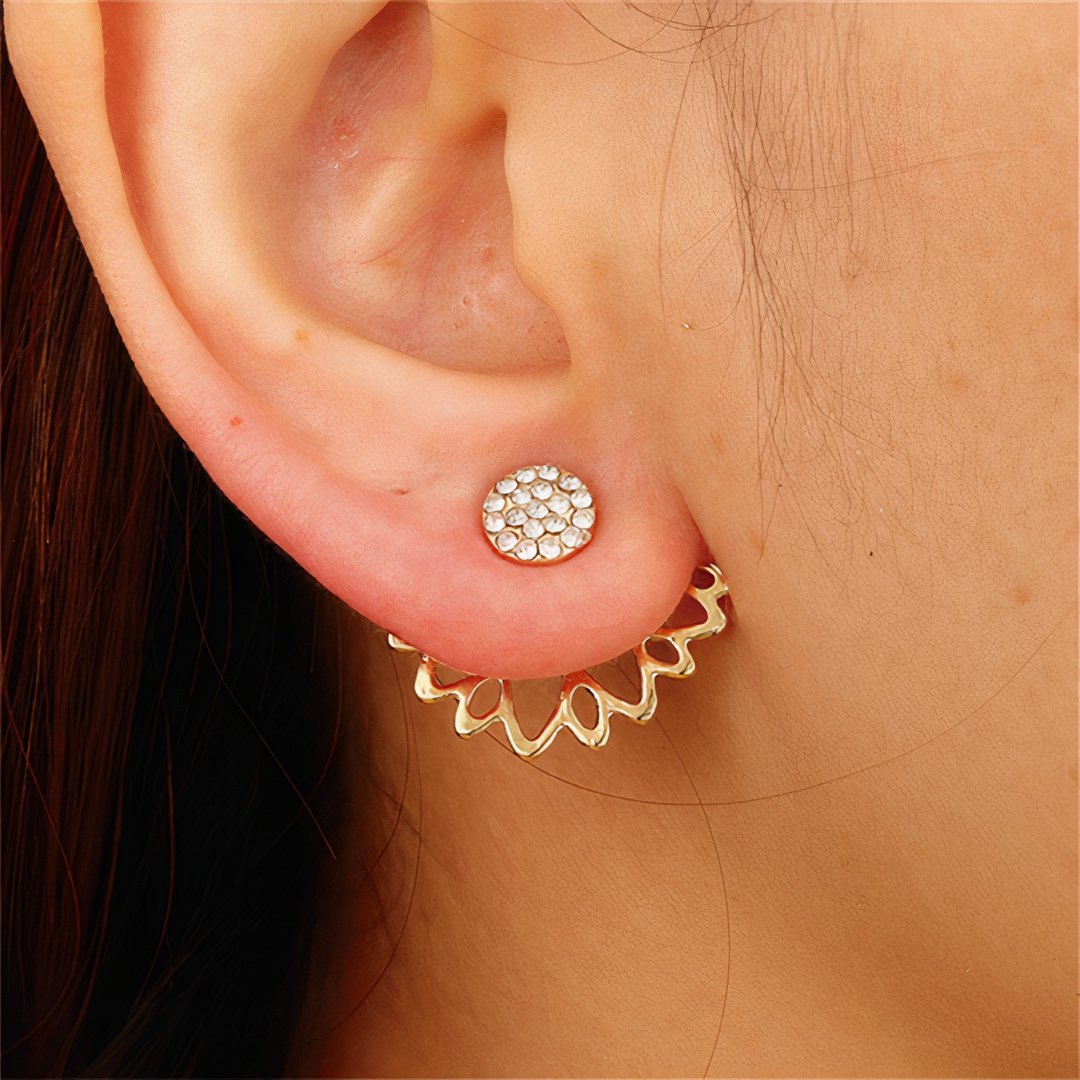 Gold-Finish Rhinestone Stud Earrings with Removable Flower Jackets