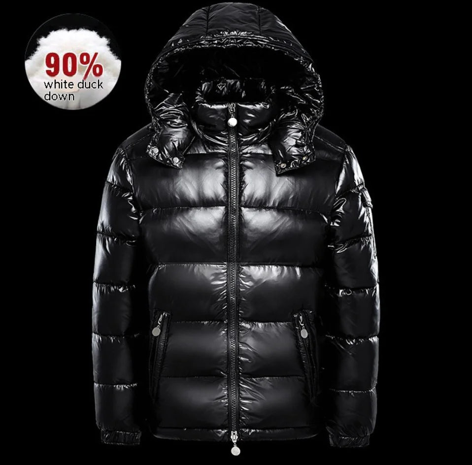 Stylish Couples Black Glossy Down Jacket - Elevate Your Winter Look Together