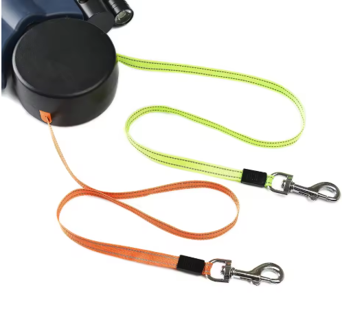 Double retractable dog leash with green and orange leads and metal clips