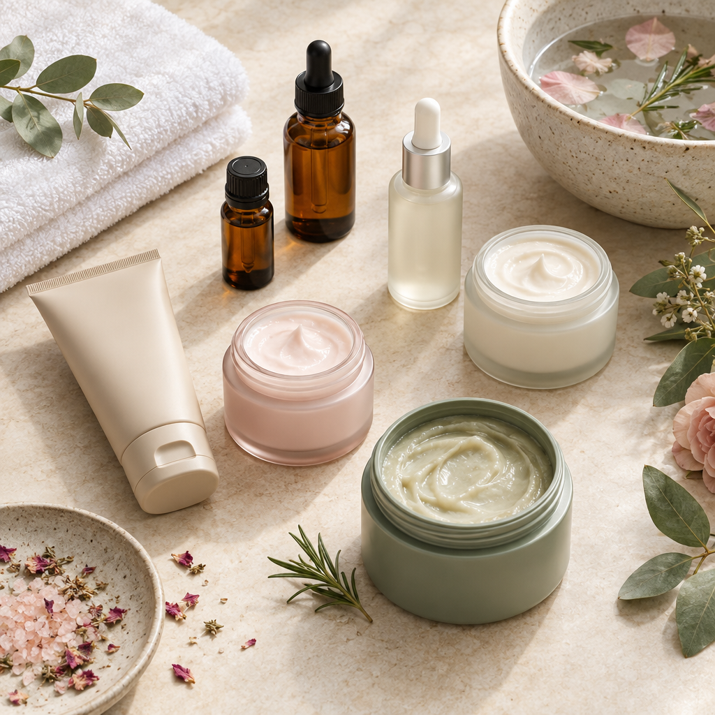 Bath and beauty skincare, essential oils, and foot-soak assortment