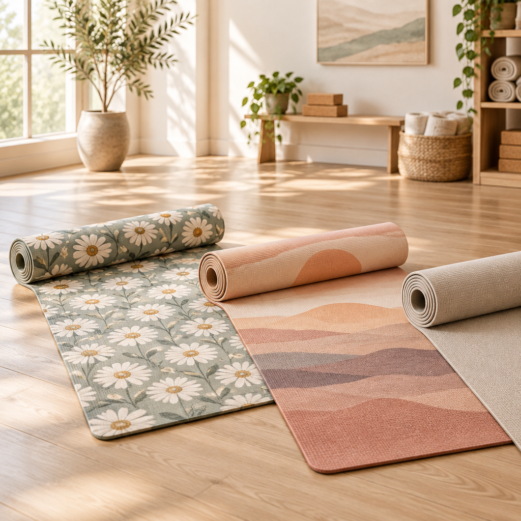 Daisy print, sunrise print and neutral yoga mats arranged in a sunlit studio