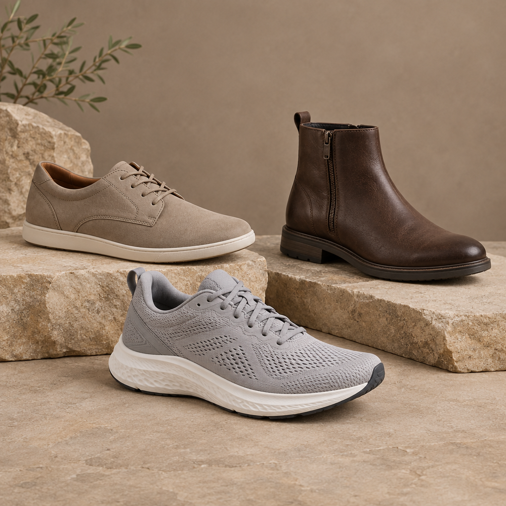 Men’s casual shoes, running sneakers, and ankle boots