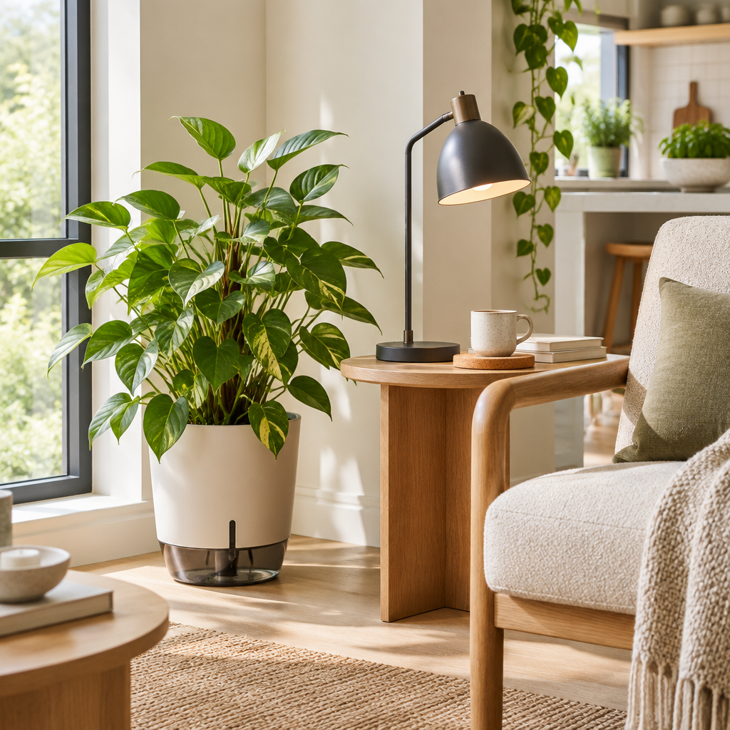 Sunlit home corner with a leafy planter, desk lamp and cozy furnishings