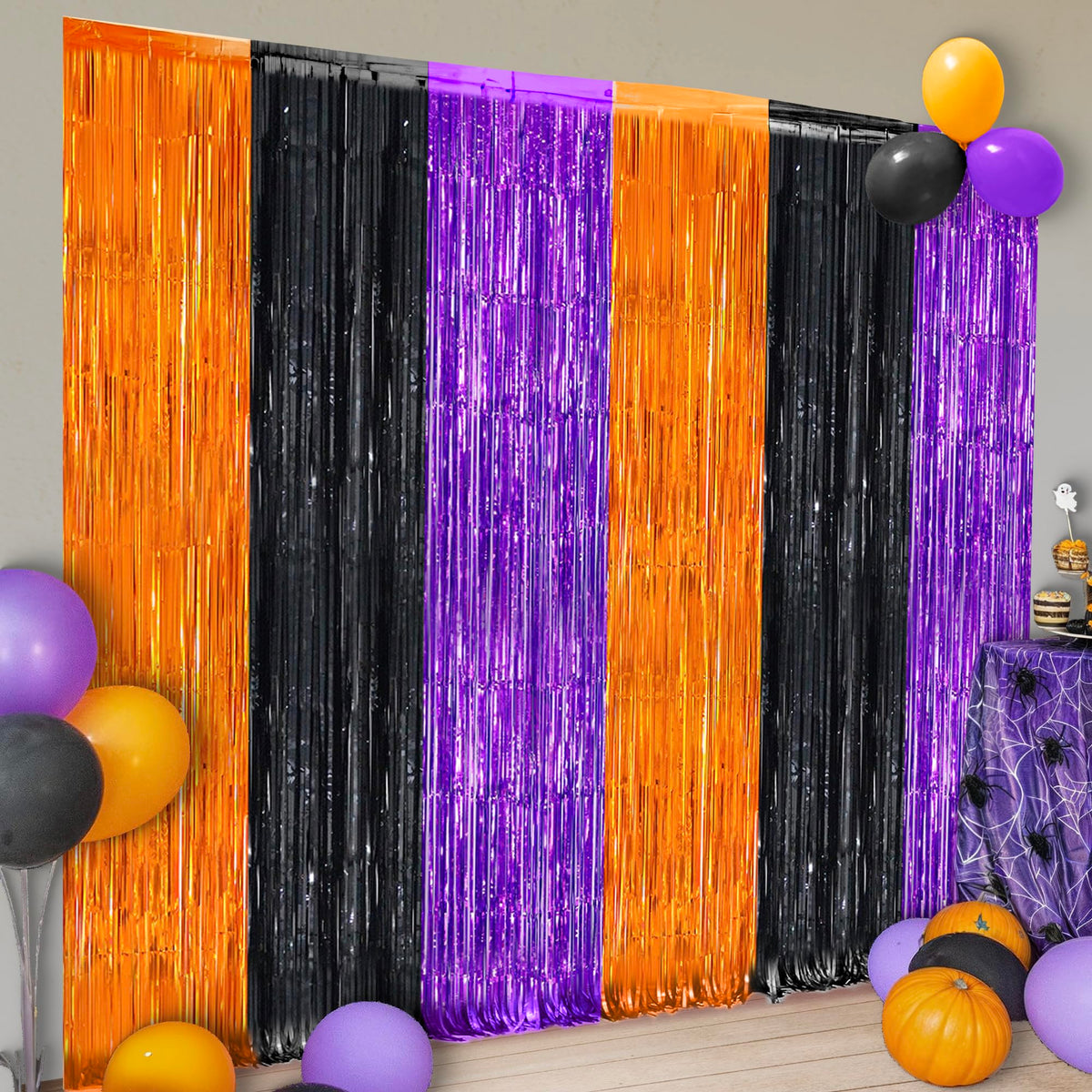 Halloween Foil Fringe Curtains – XtraLarge Orange, Black & Purple – Perfect Party Backdrop & Streamers
