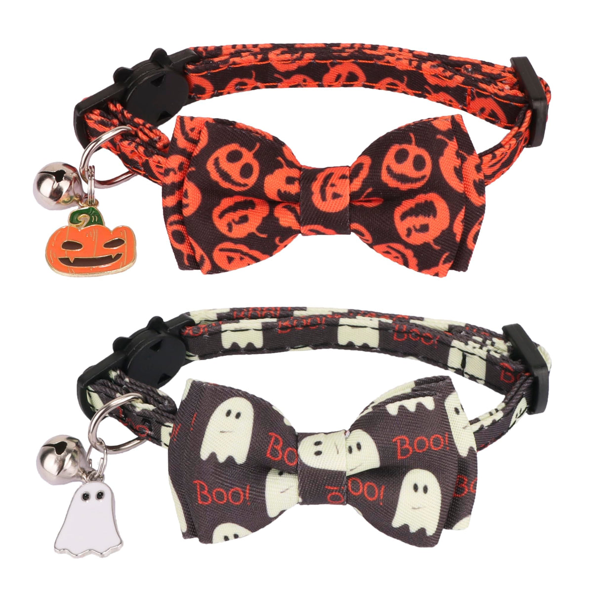 Adorable Halloween Cat Collars – 2-Pack Breakaway Collars with Bowtie & Bell in Pumpkin & Ghost Designs