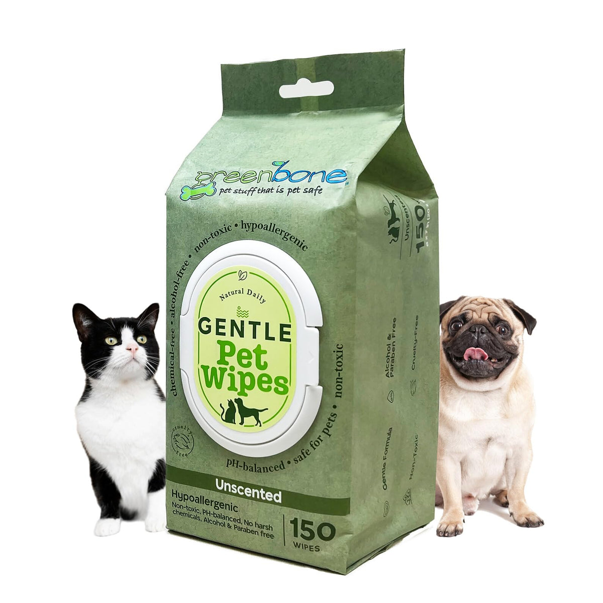 Greenbone Unscented Pet Wipes for Easy Cleanup – 150 Count
