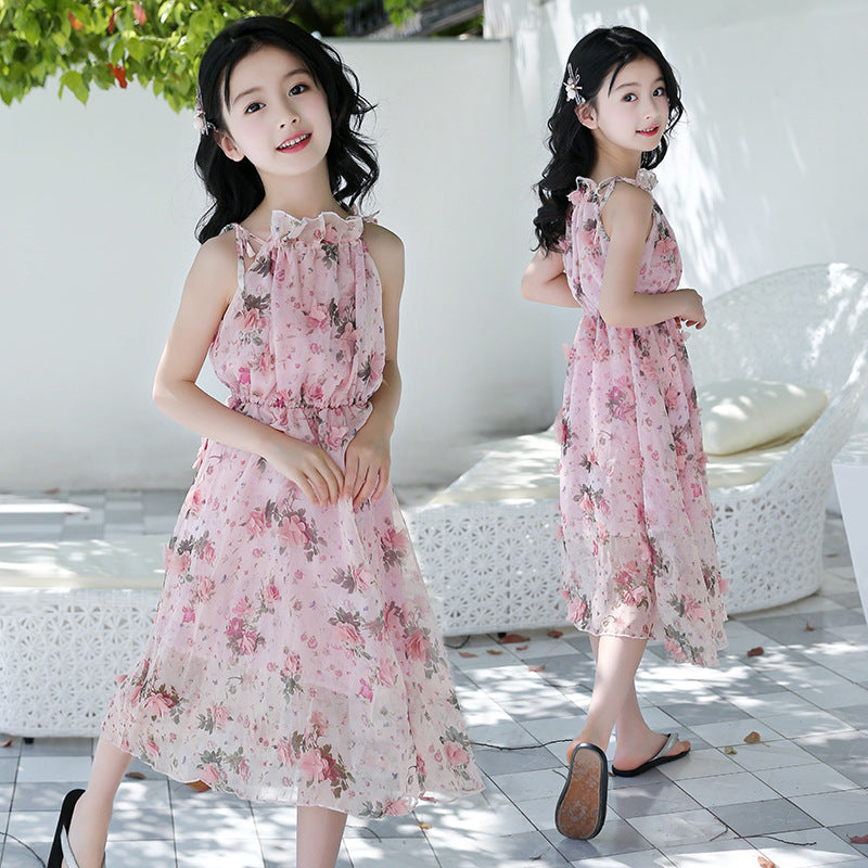 Enchanting Girls' Summer Bohemian Dress - Floral Beach Maxi Delight
