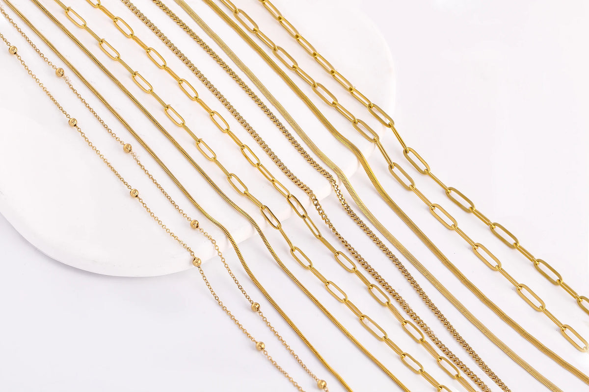 5‑Piece Stainless Steel Chain Necklace Set – Bead, Rope, Cuban, Paperclip & Snake Link Chains for Women, 18K Gold & Steel DIY Jewelry