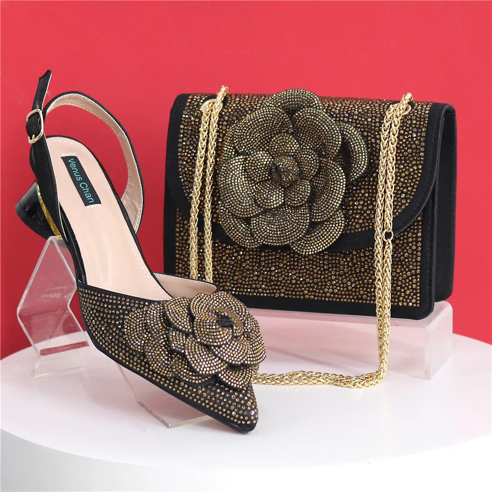 Elegant Peach Shoe and Bag Set – Stunning Rhinestone Slingbacks with Pearls Knot