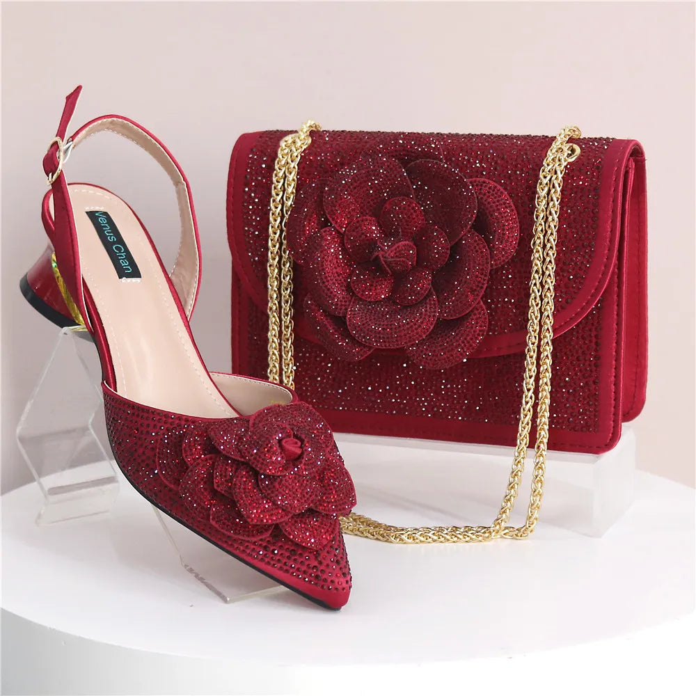 Elegant Peach Shoe and Bag Set – Stunning Rhinestone Slingbacks with Pearls Knot