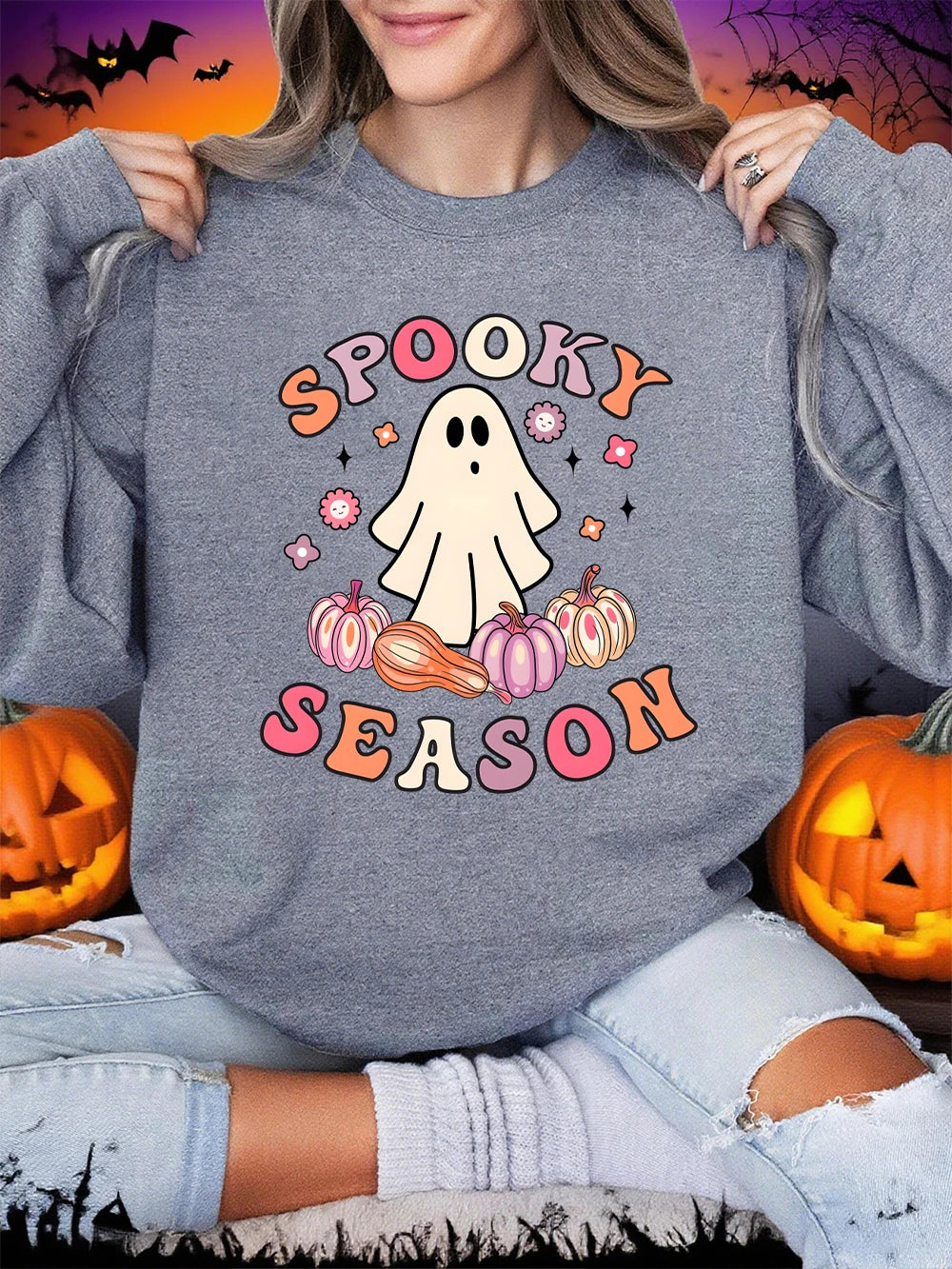 Halloween Ghost Print Sweatshirt – Cozy Comfort Meets Spooky Style