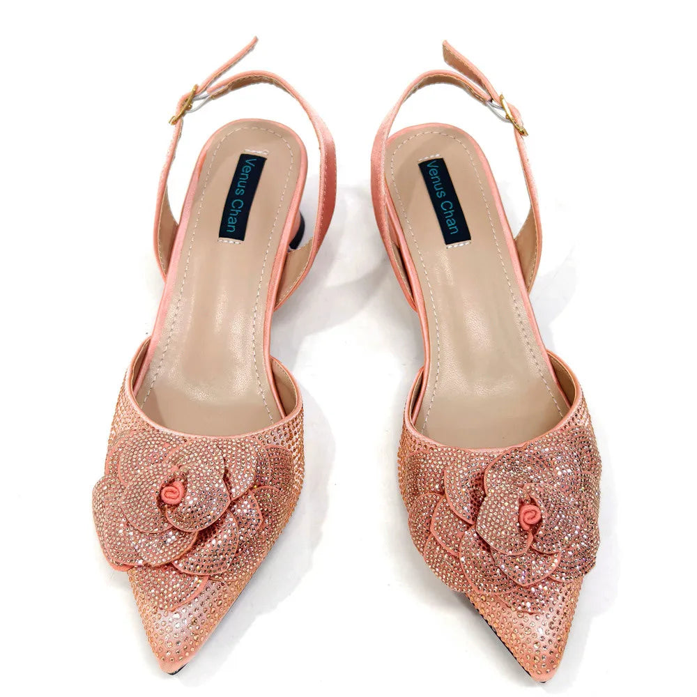 Elegant Peach Shoe and Bag Set – Stunning Rhinestone Slingbacks with Pearls Knot