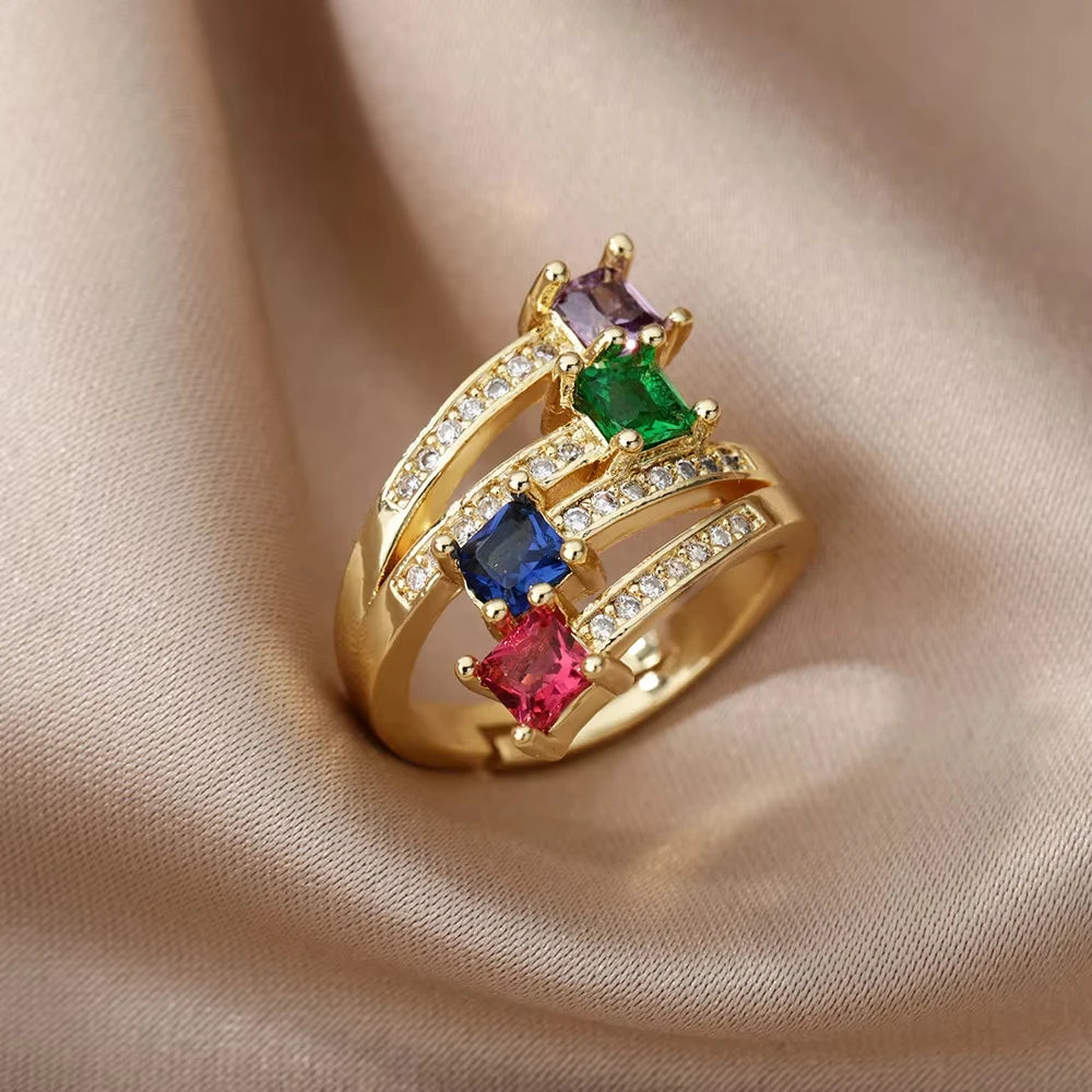 Elegant Colorful Heart Zircon Ring - Luxury Gold Plated Design for Every Occasion