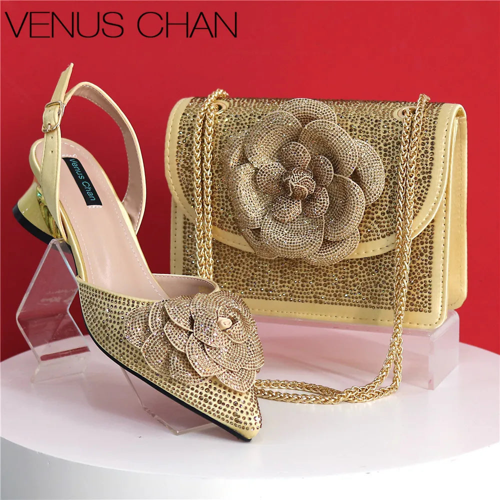 Elegant Peach Shoe and Bag Set – Stunning Rhinestone Slingbacks with Pearls Knot