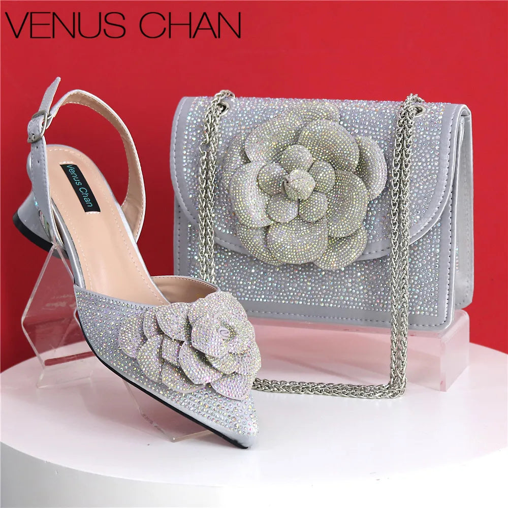 Elegant Peach Shoe and Bag Set – Stunning Rhinestone Slingbacks with Pearls Knot