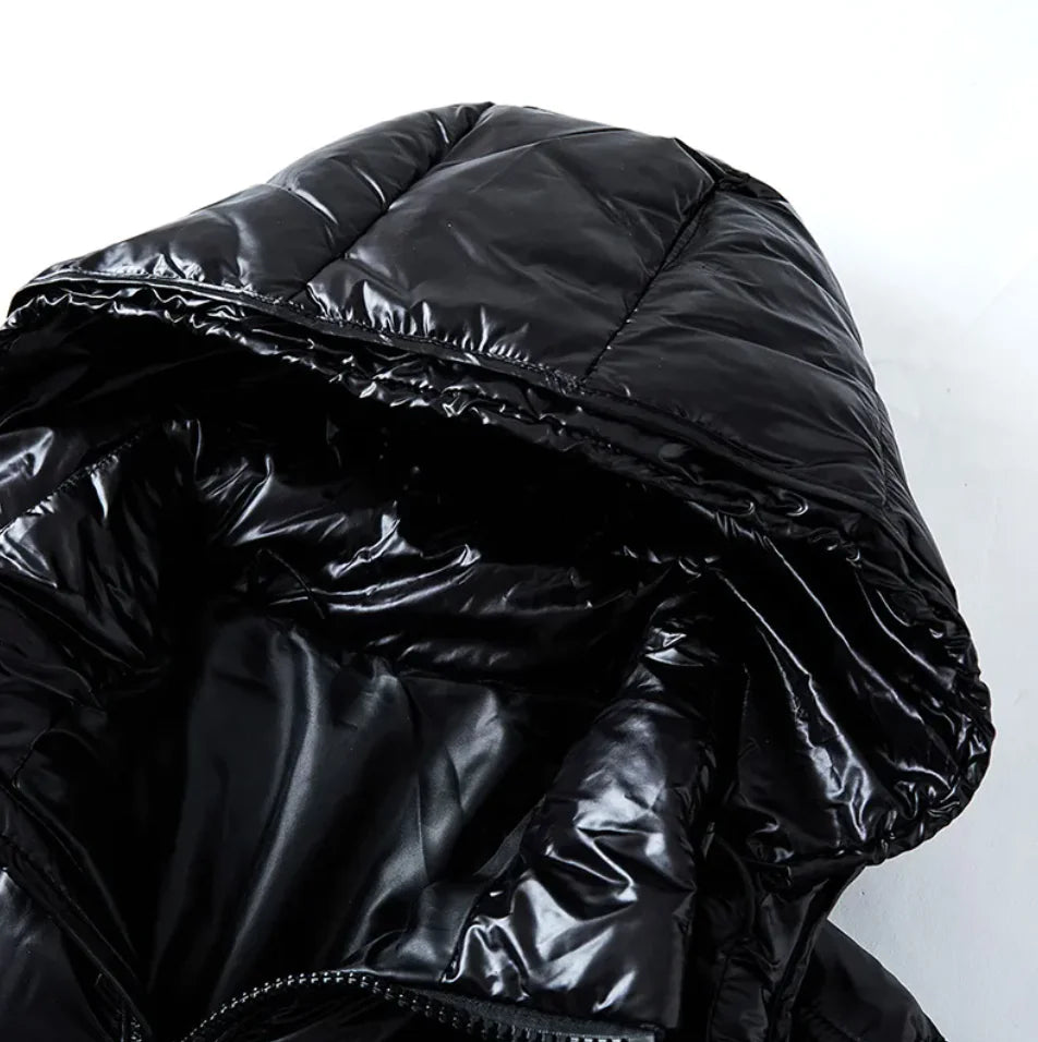 Stylish Couples Black Glossy Down Jacket - Elevate Your Winter Look Together